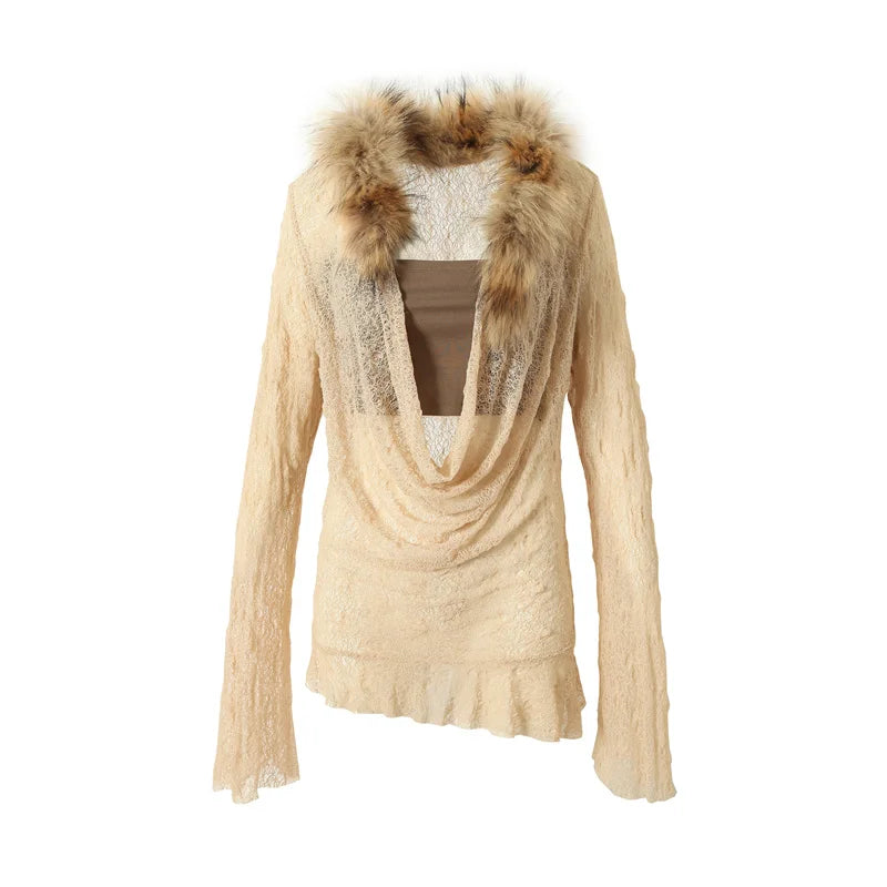 Cathy Dollette Japanese  Lace TopVintage Harajuku Fur Collar Knit Top2000s s Hollow Out Long Sleeve  American