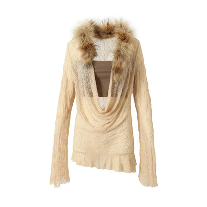 Cathy Dollette Japanese  Lace TopVintage Harajuku Fur Collar Knit Top2000s s Hollow Out Long Sleeve  American