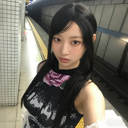 Cathy Dollette Japanese  Anime Print Tank Top 2000s Style Lace Patchwork Sleeveless Top Vintage Harajuku Mesh Tanktop American Retro