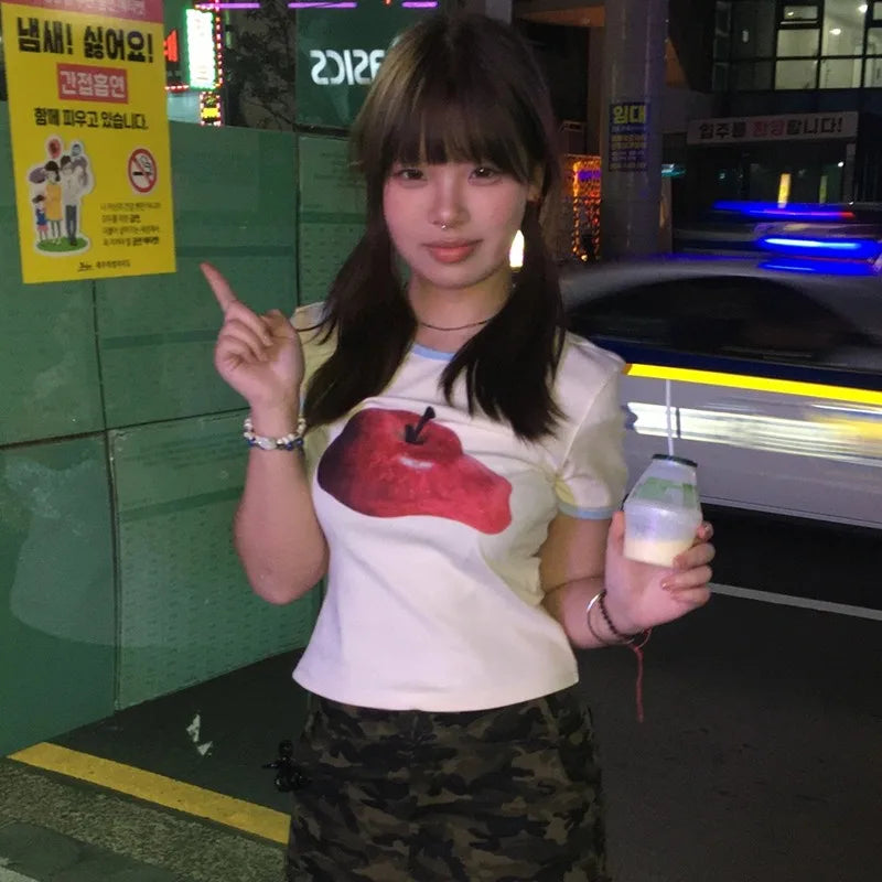 Cathy Dollette Japanese  Apple Print  Vintage 2000s Style Crop Top Harajuku s Short Sleeve Tee Shirt American Retro