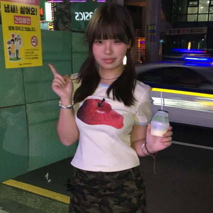 Cathy Dollette Japanese  Apple Print  Vintage 2000s Style Crop Top Harajuku s Short Sleeve Tee Shirt American Retro