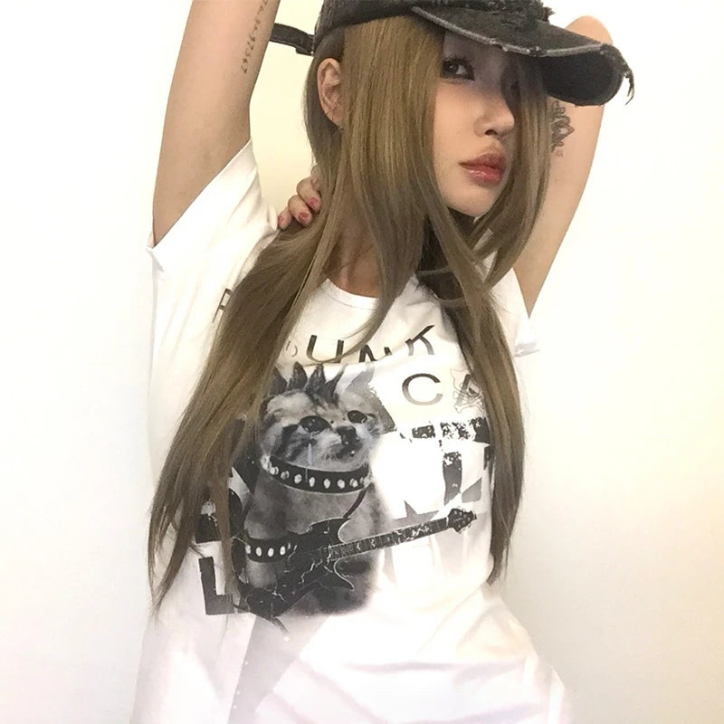 Cathy Dollette Grunge s Punk Kitten Print  Trashy 2000s Style Crop Top Japanese  Short Sleeve T Shirt Gothic Vintage