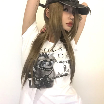 Cathy Dollette Grunge s Punk Kitten Print  Trashy 2000s Style Crop Top Japanese  Short Sleeve T Shirt Gothic Vintage