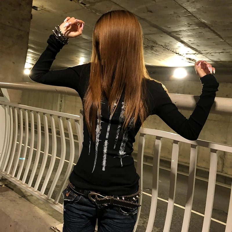 Cathy Dollette Grunge s Tattoo Print Knitted TopTrashy  Long Sleeve Knit  Vintage Gothic Button Top American Retro