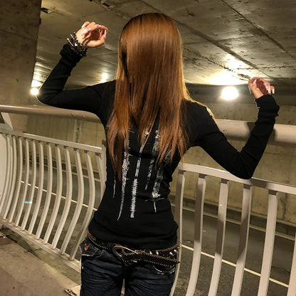 Cathy Dollette Grunge s Tattoo Print Knitted TopTrashy  Long Sleeve Knit  Vintage Gothic Button Top American Retro