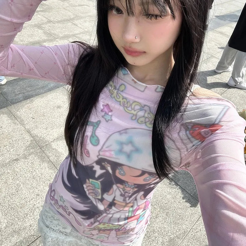 Cathy Dollette Japanese  Anime Print Mesh Top2000s s Pink Sheer Top Vintage Harajuku Kawaii See Through  Lolita