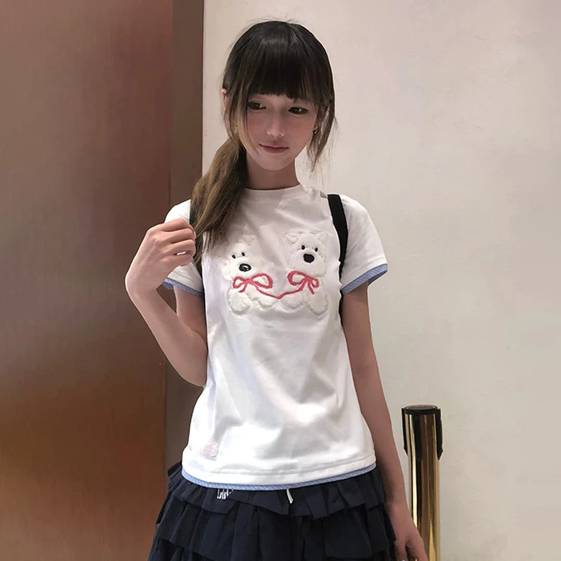 Cathy Dollette Japanese  Puppy Embroidery  Kawaii 2000s Style Fake Two-piece TopVintage Harajuku Short Sleeve Tee Shirt 90s