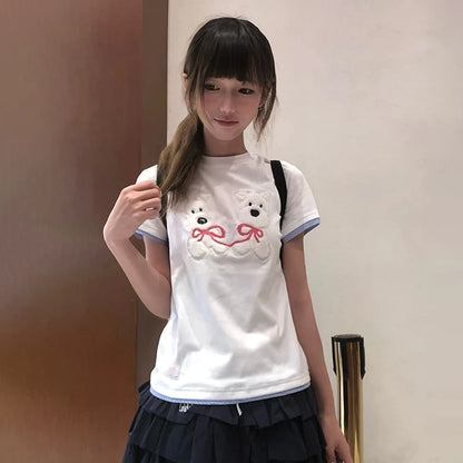 Cathy Dollette Japanese  Puppy Embroidery  Kawaii 2000s Style Fake Two-piece TopVintage Harajuku Short Sleeve Tee Shirt 90s