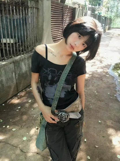 Cathy Dollette  Vintage Print T Shirt  Short Sleeve  2000s TopJapanese Streetwear Grunge TopTee E-girls Summer