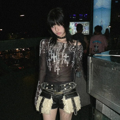 Cathy Dollette Grunge s Mesh TopJapanese  Tattoo Print Sheer TopVintage Harajuku See Through Long Sleeve  Gothic