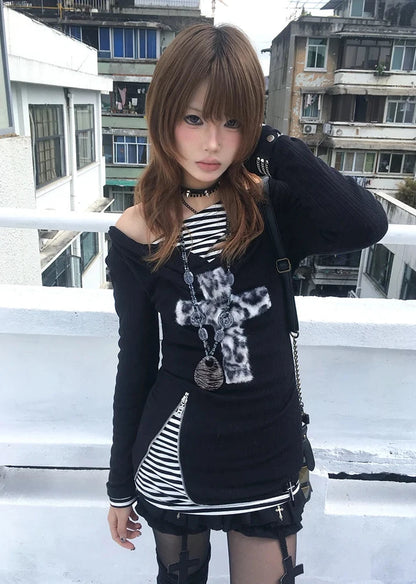 Cathy Dollette Grunge s Fake Two-piece TopTrashy  Long Sleeve Knitted TopWasteland Punk Patchwork TopGothic Vintage