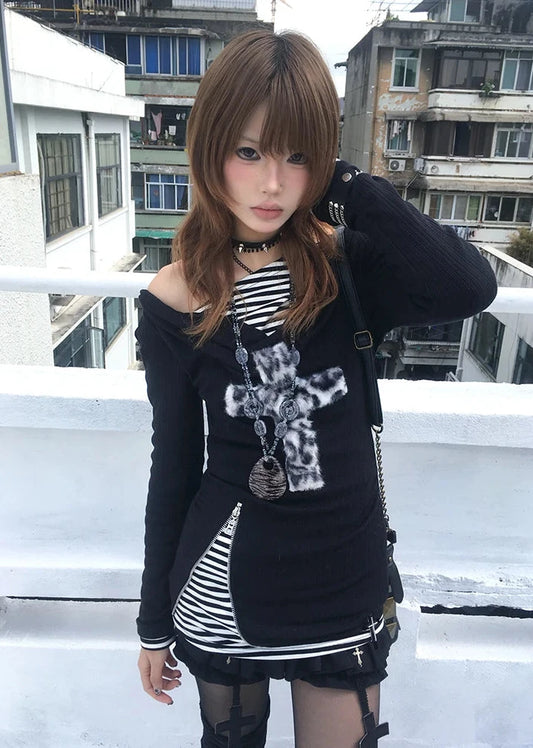 Cathy Dollette Grunge s Fake Two-piece TopTrashy  Long Sleeve Knitted TopWasteland Punk Patchwork TopGothic Vintage