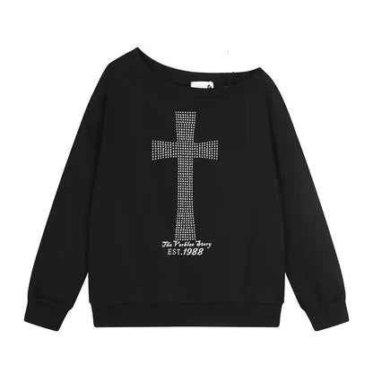 Cathy Dollette Cross One-shoulder Graphic Hoodies Long Sleeve Black 's Sweatshirts Harajuku Grunge 2000s Clothes  Autumn Tops