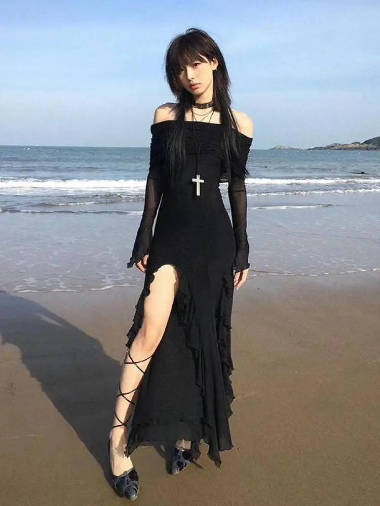 Cathy Dollette Summer 2025 Off Shoulder Long Dresses  Black Beach Party Evening Dress Slim Mesh Robe Sideslit Elegant Gowns