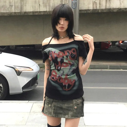 Cathy Dollette Japanese  Graffiti Print  Trashy 2000s Style Off Shoulder TopVintage Harajuku Short Sleeve Halter Tshirt 90s