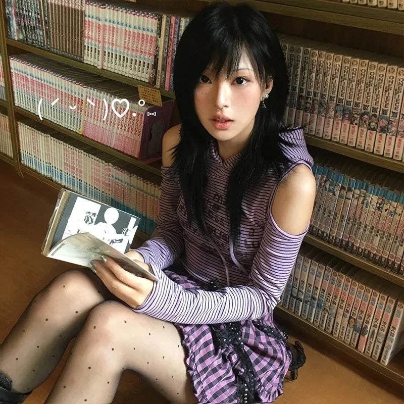 Cathy Dollette Japanese  Hooded  Vintage 2000s Style Rabbit Ears TopHarajuku Purple Striped Hollow Out TopGrunge Lolita