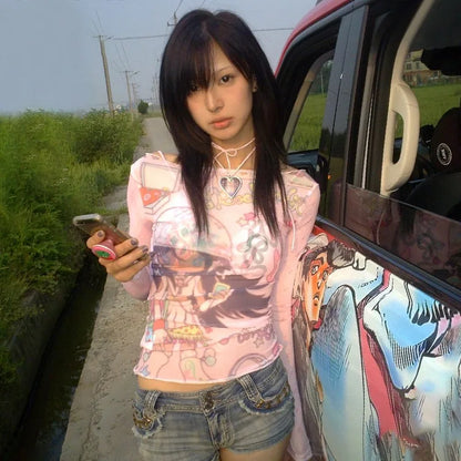 Cathy Dollette Japanese  Anime Print Mesh Top2000s s Pink Sheer Top Vintage Harajuku Kawaii See Through  Lolita