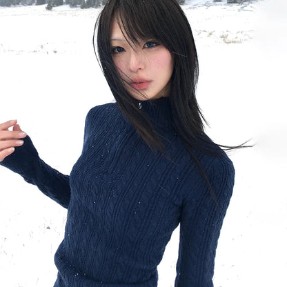 Cathy Dollette Japanese  Slim Pullover Vintage Harajuku Navy Blue Sweater 2000s Style Knitted TopKorean Fashion Knitwear Elegant