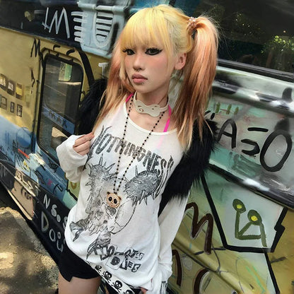 Cathy Dollette Japanese  Tattoo Print TopTrashy 2000s Style Skull Long Sleeve  Grunge Gothic Streetwear Vintage Harajuku