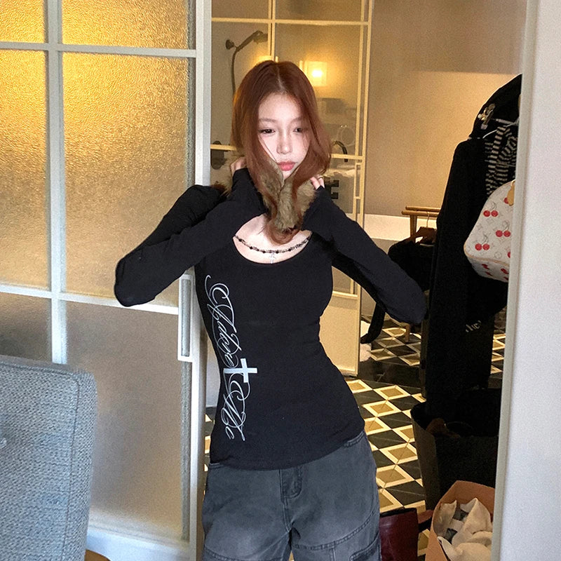 Cathy Dollette Korean Style   Long Sleeve Print Graphic Top Japanese Tee TopSlim Grunge Top