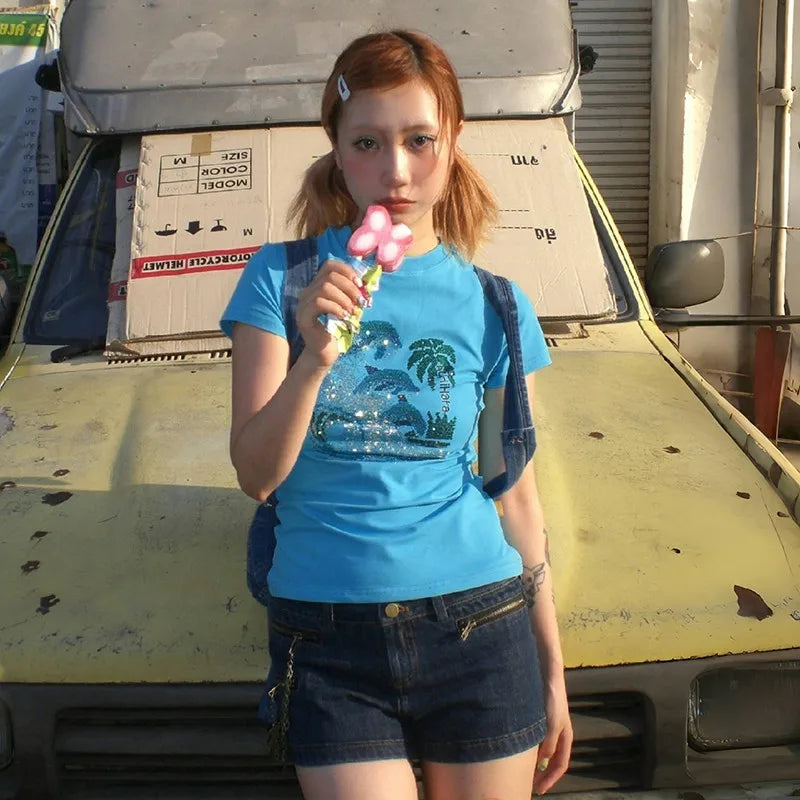 Cathy Dollette Japanese  Rhinestones  Vintage Harajuku Diamond Print T Shirts Trashy 2000s s Blue Tee Shirt Grunge
