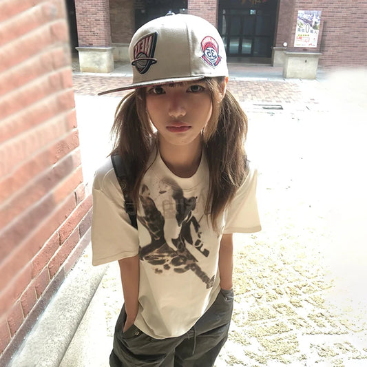 Cathy Dollette Japanese  Graffiti Print  Trashy 2000s Style Short Sleeve T Shirt Vintage Harajuku Loose Tee Shirt American