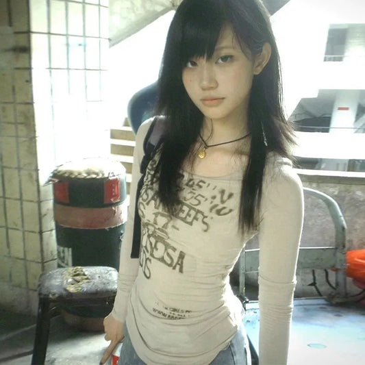 Cathy Dollette  Vintage T Shirt  Print Letter Tee TopSkinny 2000s Japanese Autumn Streetwear Grunge TopFairycore Tshirts