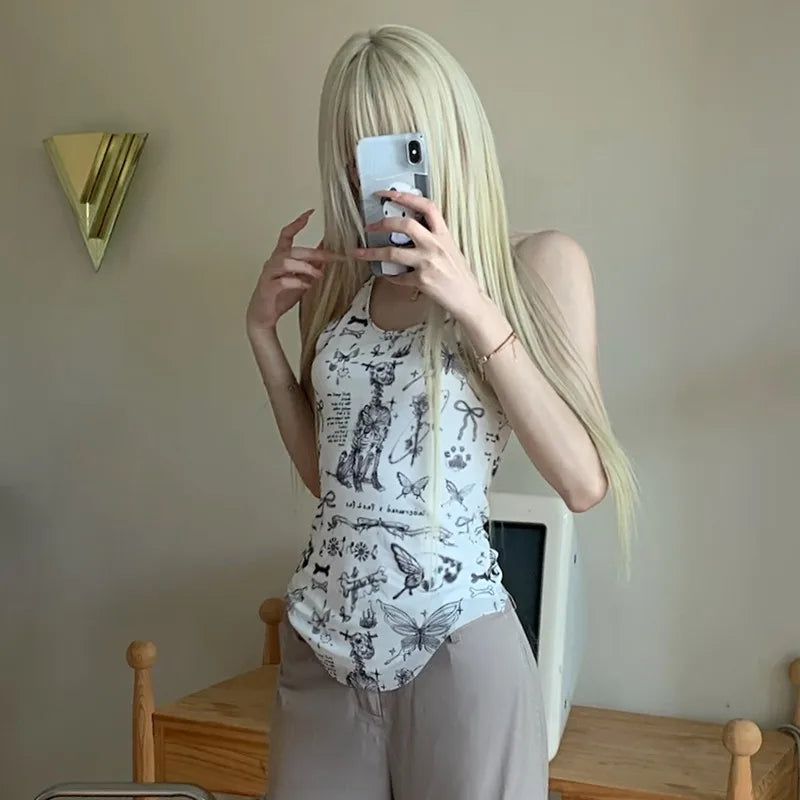 Cathy Dollette Japanese  Camisole Trashy 2000s Irregular Tank Top Cyber Punk Print Cami TopGrunge s Slim Tanktop Harajuku