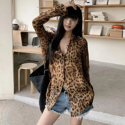 Cathy Dollette Hotsweet Leopard Chiffon Shirt  Button Up Single Breasted Long Sleeve Autumn Top2000s  Shirts And Blouses Chic