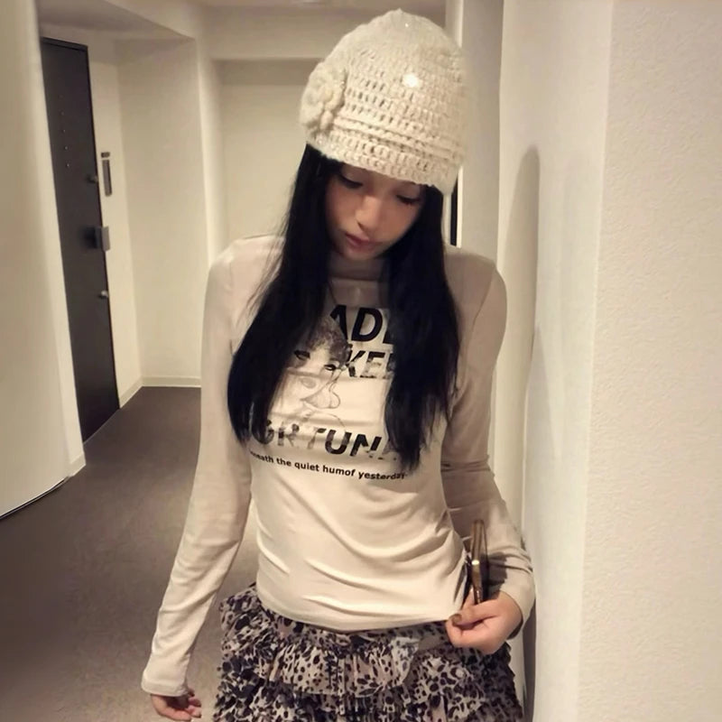 Cathy Dollette Japanese  Letter Print  Trashy 2000s Style Long Sleeve Crop Top Vintage Harajuku Grunge T Shirt American Retro