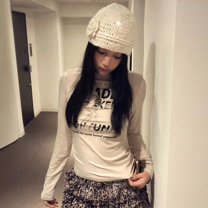 Cathy Dollette Japanese  Letter Print  Trashy 2000s Style Long Sleeve Crop Top Vintage Harajuku Grunge T Shirt American Retro