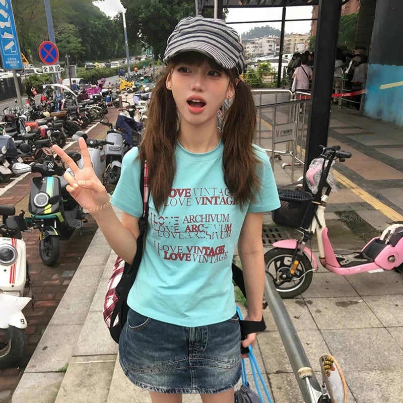Cathy Dollette Japanese  Letter Print  Trashy 2000s Style Crop Top Vintage Harajuku Short Sleeve Tee Shirt 90s American Retro