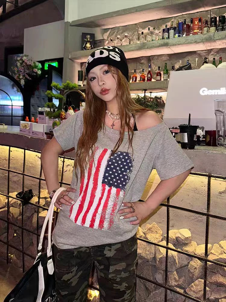 Cathy Dollette American Retro Off Shoulder Graphic T Shirts Woman Clothes Short Sleeve 2000s Clothes  Vintage Summer TopTees Chic