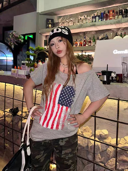 Cathy Dollette American Retro Off Shoulder Graphic T Shirts Woman Clothes Short Sleeve 2000s Clothes  Vintage Summer TopTees Chic