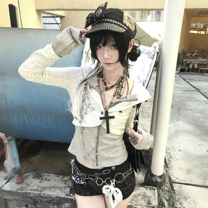 Cathy Dollette Japanese  Fake Two-piece Knitted TopTrashy 2000s Hooded Jacket Vintage Harajuku Knitwear Grunge s American