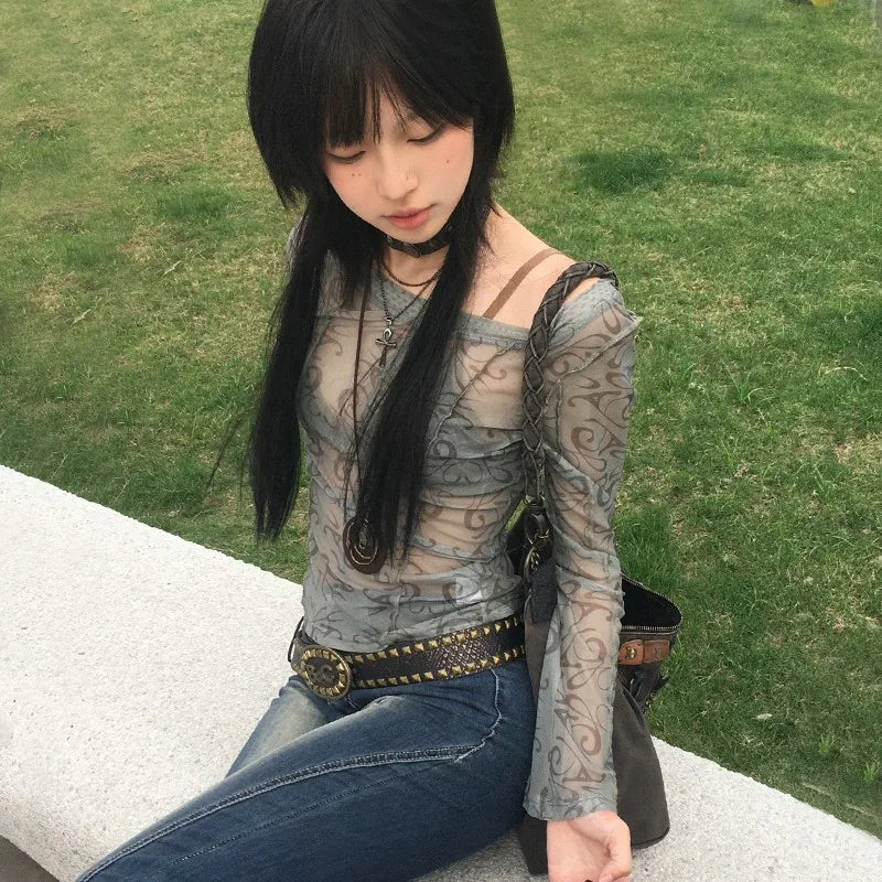 Cathy Dollette Grunge s Mesh TopJapanese  Sheer TopVintage Harajuku See Through Crop Top Korean Fashion Tie Dye