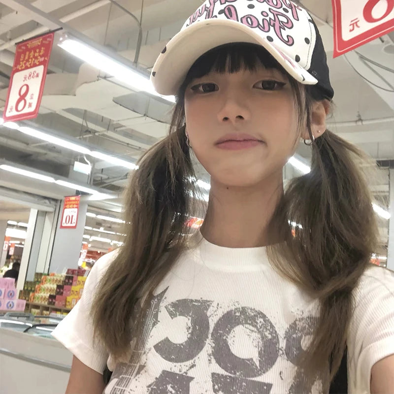 Cathy Dollette Japanese  Letter Print  2000s Style Short Sleeve Crop Top Vintage Harajuku Ribbed Tee Shirt American Retro 90s