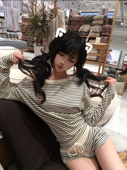 Cathy Dollette  Japanese Two Pieces Suits Off Shoulder Tshirts + Mini Shorts Streetwear Vintage Striped  Sets Outfits Korean