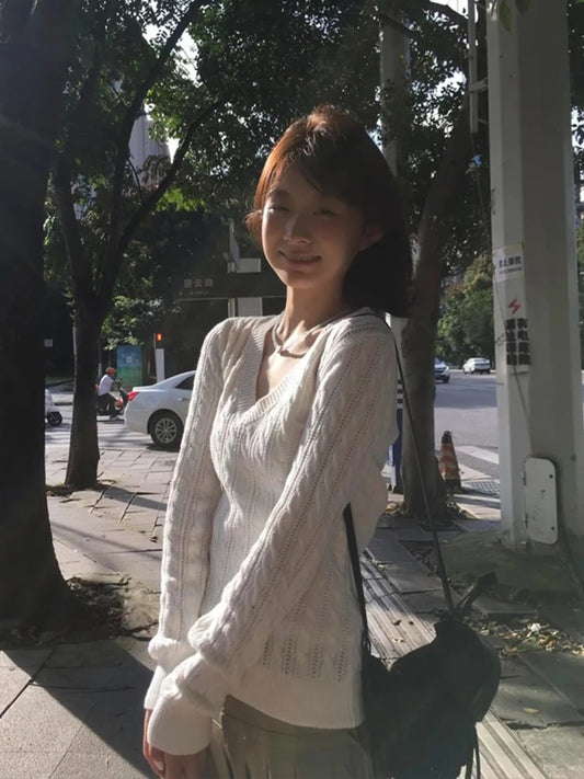 Cathy Dollette Korean Style  Sweater Long Sleeve White Kint Pullovers  Fairycore Vintage Jumpers 2000s Japanese Sweaters