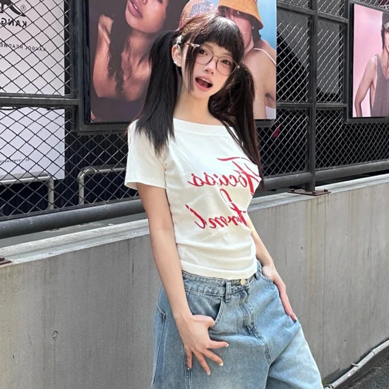 Cathy Dollette Harajuku Print   Short Sleeve Irregular Crop Top Fairycore Tee Top American Retro 90s Tshirts Summer