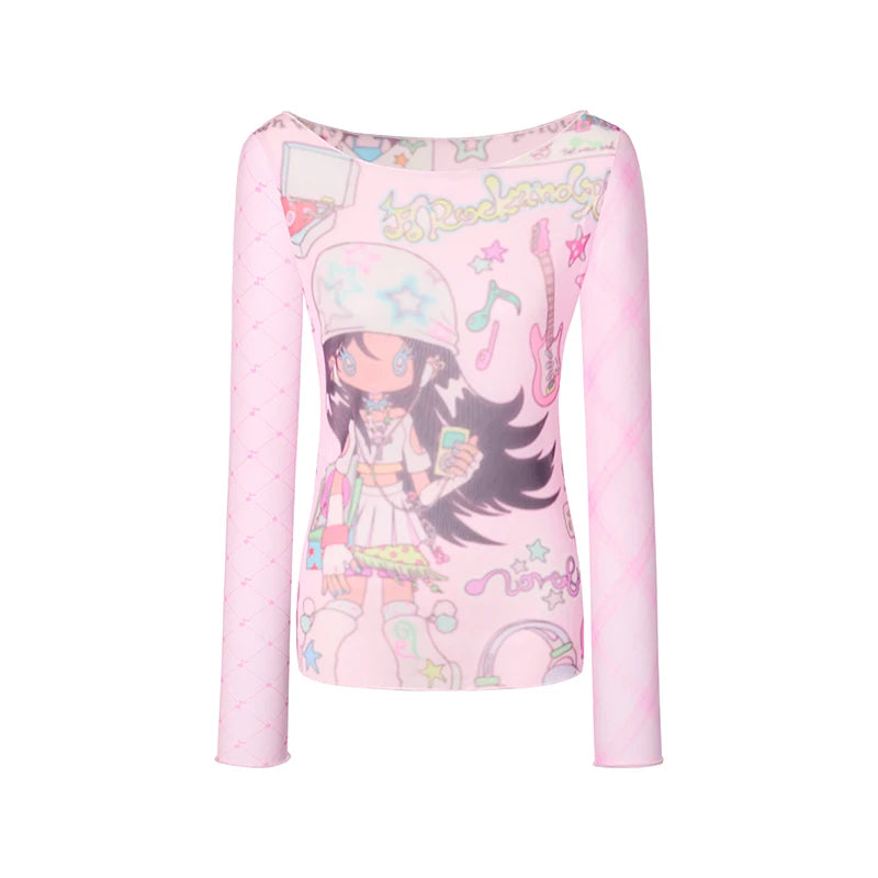 Cathy Dollette Japanese  Anime Print Mesh Top2000s s Pink Sheer Top Vintage Harajuku Kawaii See Through  Lolita