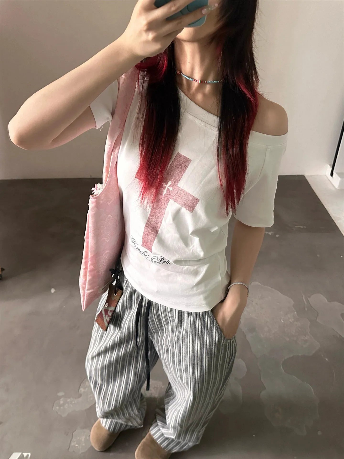 Cathy Dollette Korean Style Print   Short Sleeve Off Shoulder  Vintage TopJapanese 2000s Graphic TopTee Streetwear