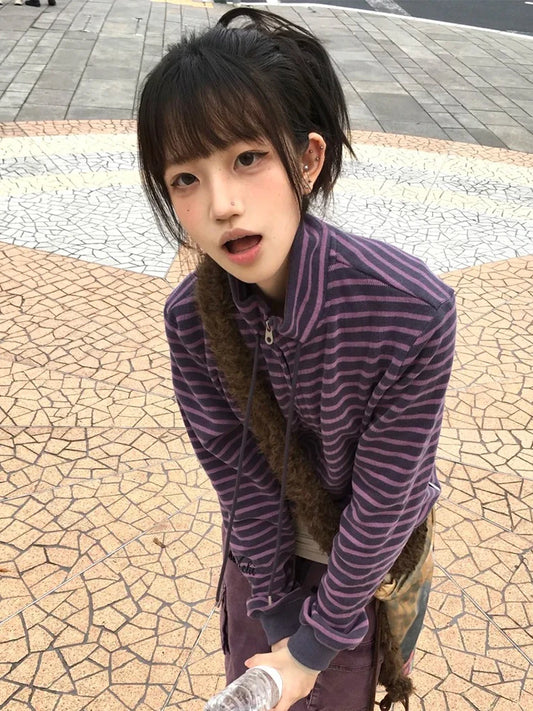 Cathy Dollette  Japanese Sweatshirts  Long Sleeve Striped Stand Collar Sweatshirt High Street Graphic Winter Coats E-girls