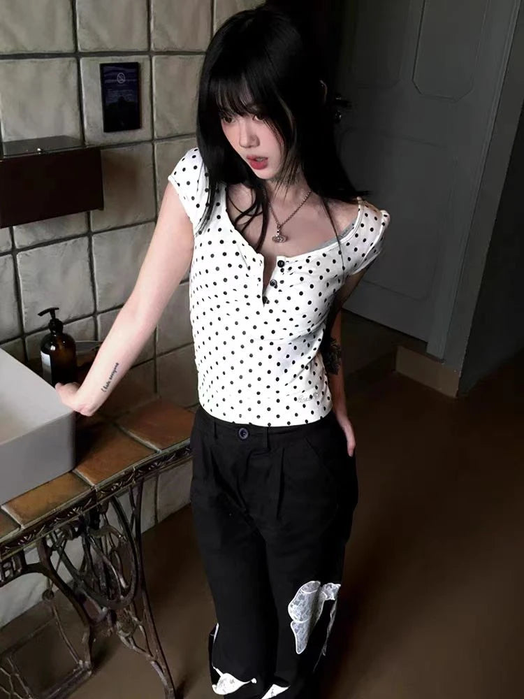 Cathy Dollette Polka Dot Short Sleeve  T Shirt Hotsweet 2000s Clothes  Korean Fashion Tees Female Clothing Slim Summer Tops