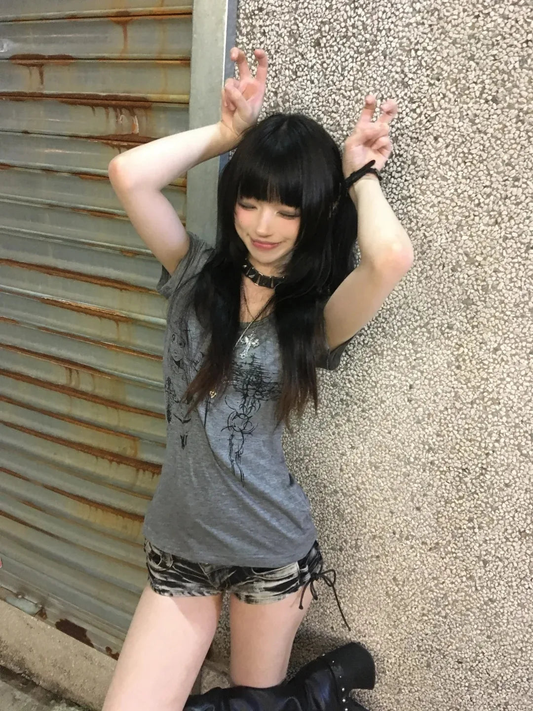 Cathy Dollette Japanese  Print T Shirt  Short Sleeve Slim Graphic Top American Retro 90s Grunge TopE-girls