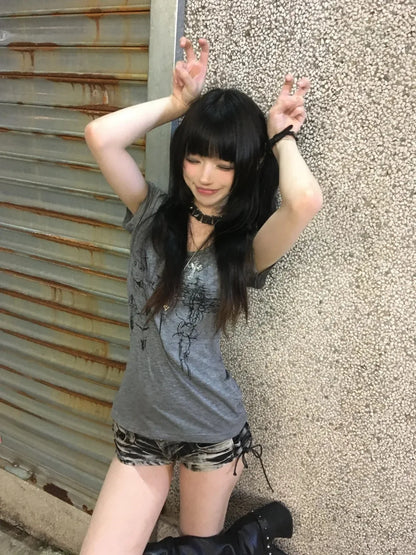 Cathy Dollette Japanese  Print T Shirt  Short Sleeve Slim Graphic Top American Retro 90s Grunge TopE-girls
