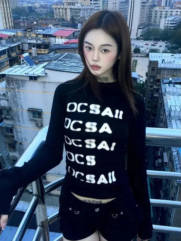 Cathy Dollette Vintage Print Graphic TopBlack Skinny Letter T Shirt   American Retro 90s Crop Top Fashion Tees