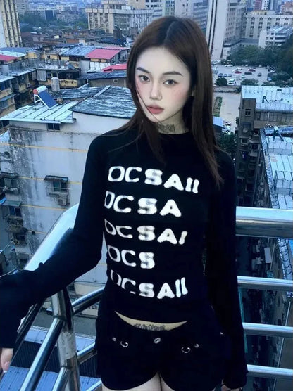 Cathy Dollette Vintage Print Graphic TopBlack Skinny Letter T Shirt   American Retro 90s Crop Top Fashion Tees