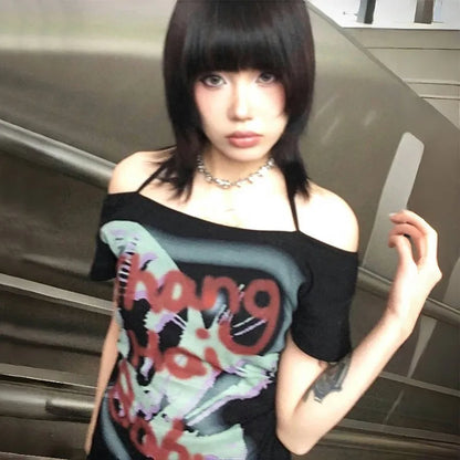 Cathy Dollette Japanese  Graffiti Print  Trashy 2000s Style Off Shoulder TopVintage Harajuku Short Sleeve Halter Tshirt 90s