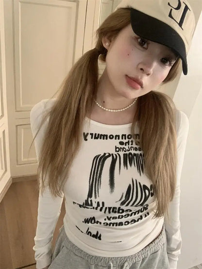Cathy Dollette Retro Graffiti Print T Shirt  Sexy Slim  s Grunge Top Graphic T Shirts Streetwear Tee